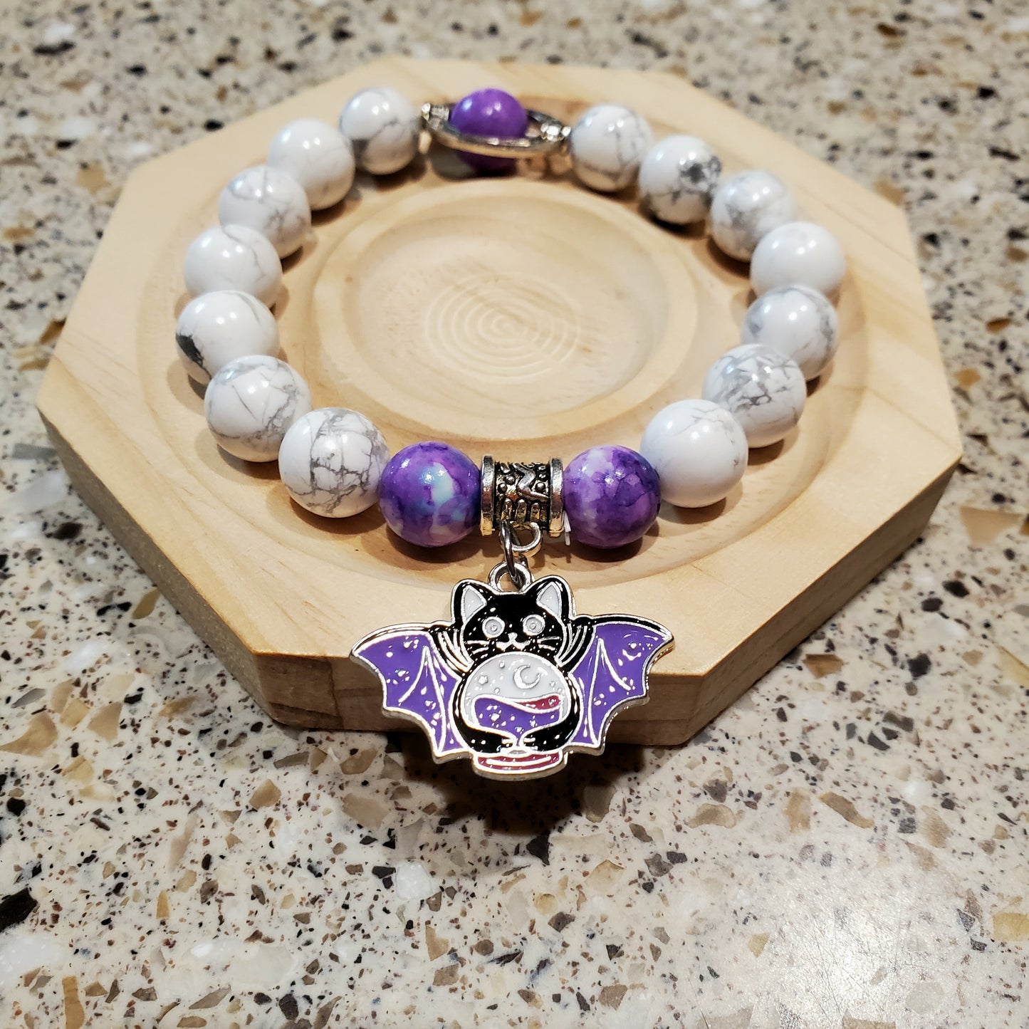 Howlite Beaded Bracelet with a Vampire Cat Charm