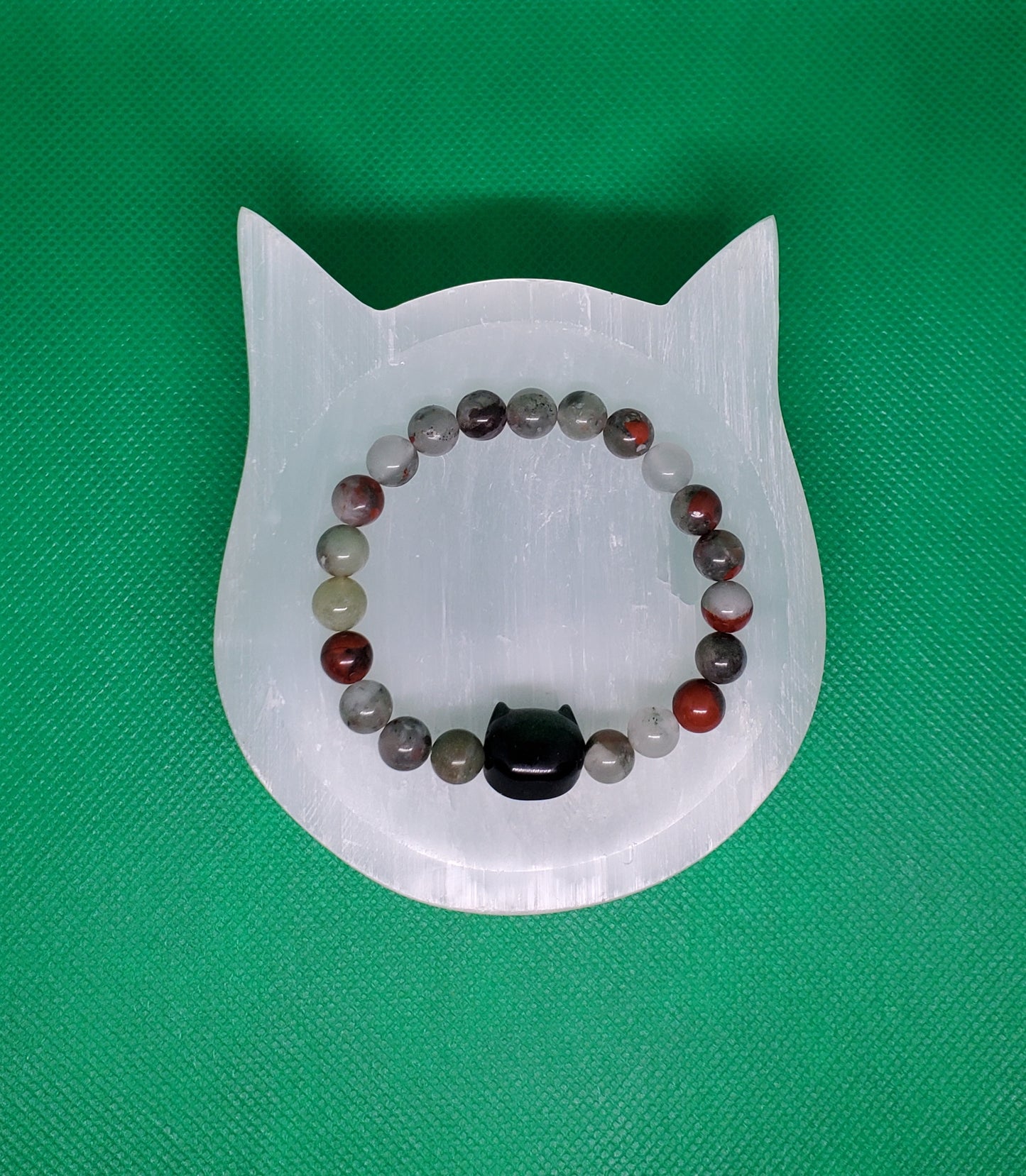 African blood stone bracelet with silver obsidian cat shape spacer