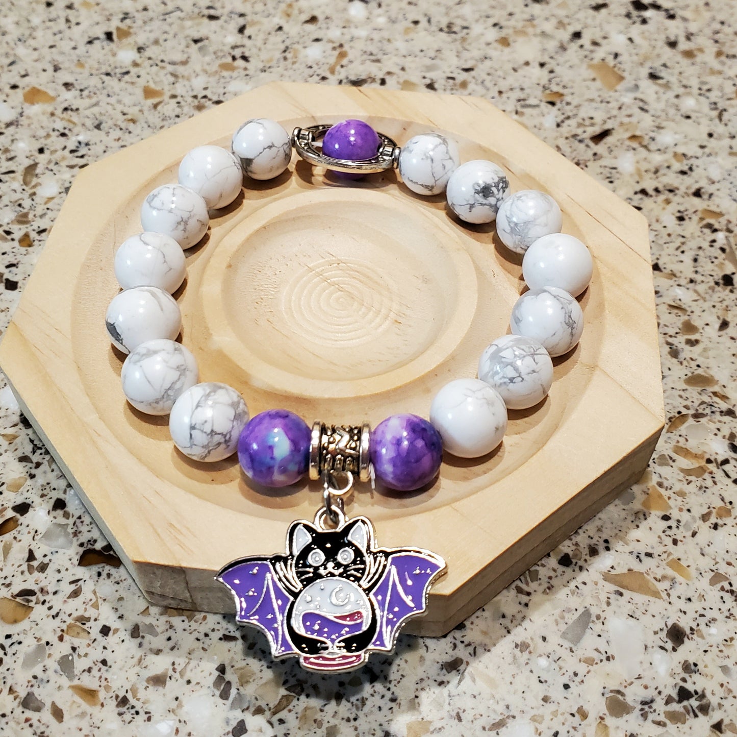 Howlite Beaded Bracelet with a Vampire Cat Charm