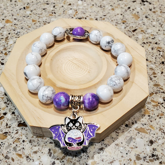 Howlite Beaded Bracelet with a Vampire Cat Charm