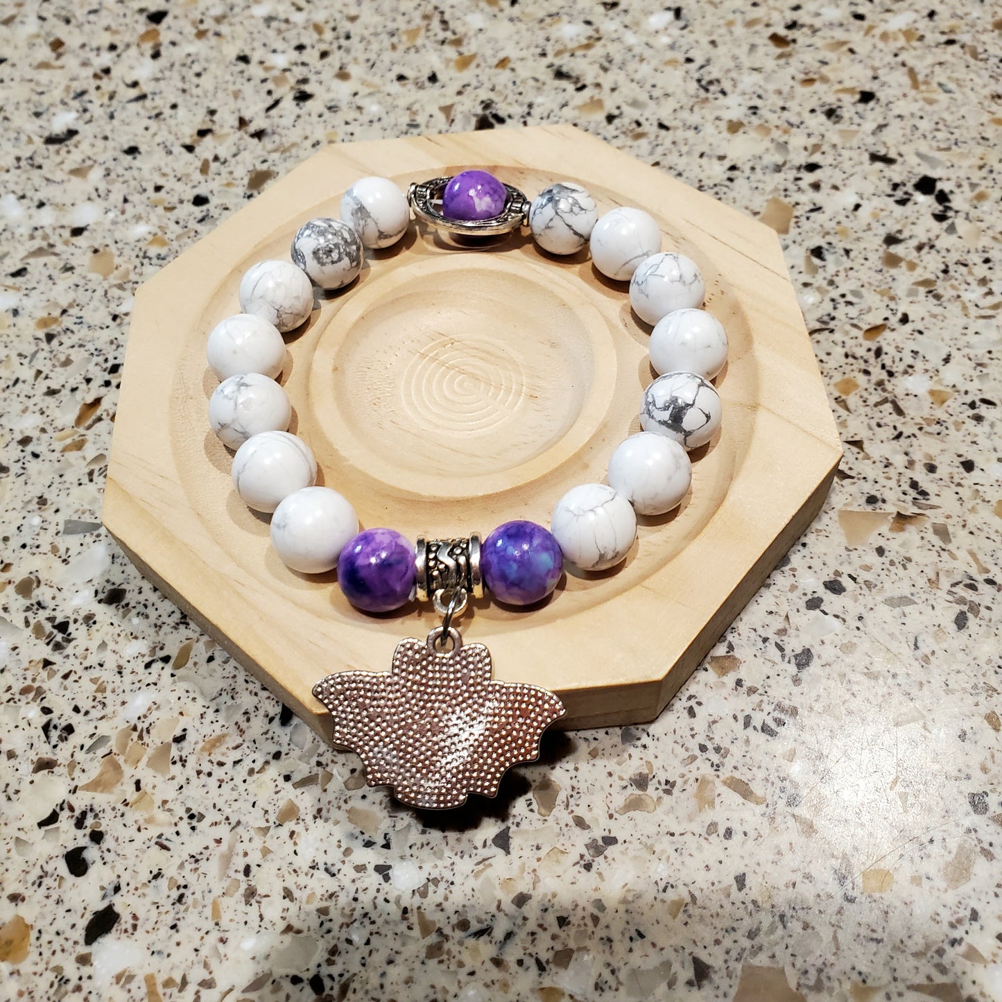 Howlite Beaded Bracelet with a Vampire Cat Charm