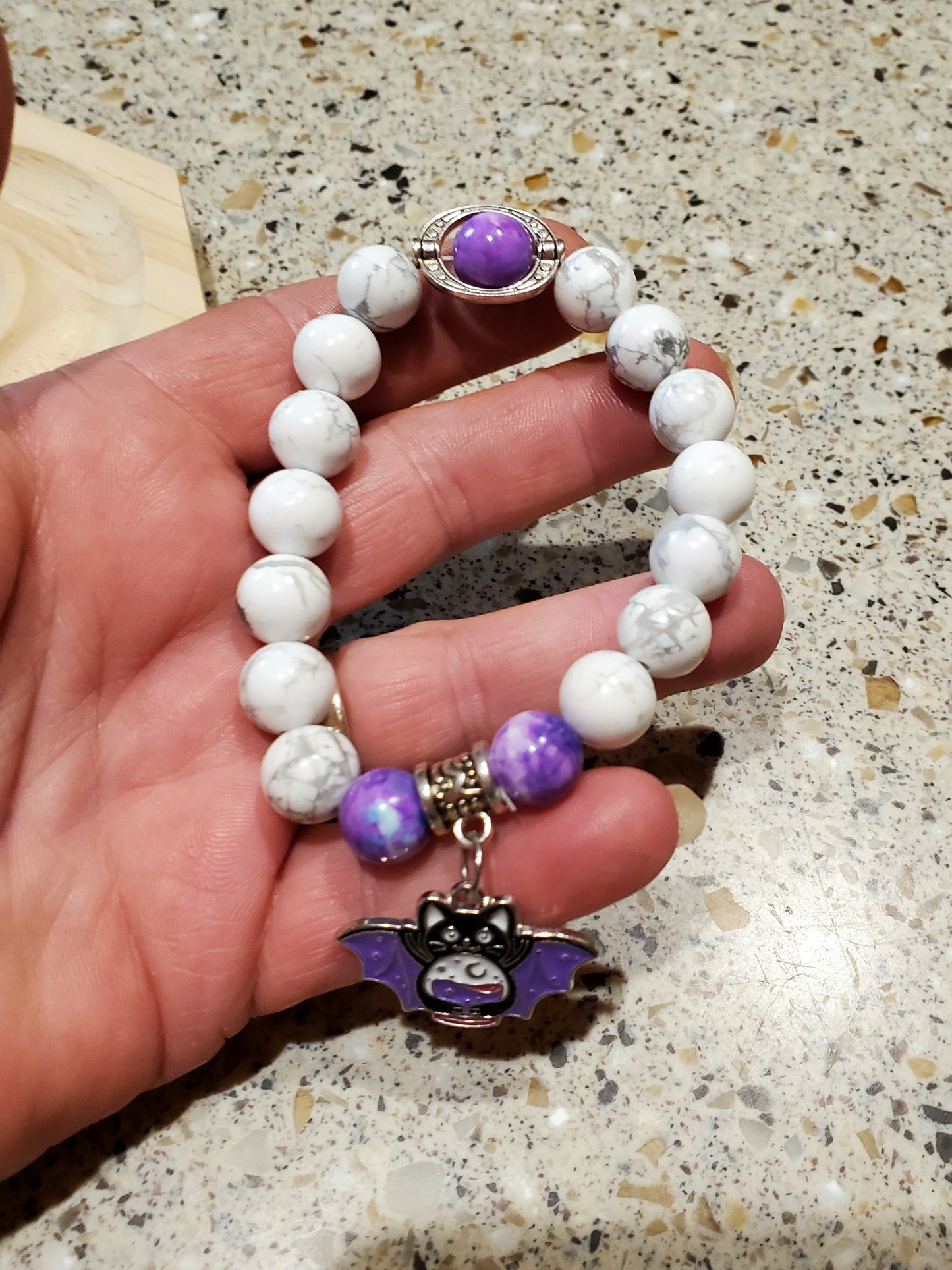 Howlite Beaded Bracelet with a Vampire Cat Charm