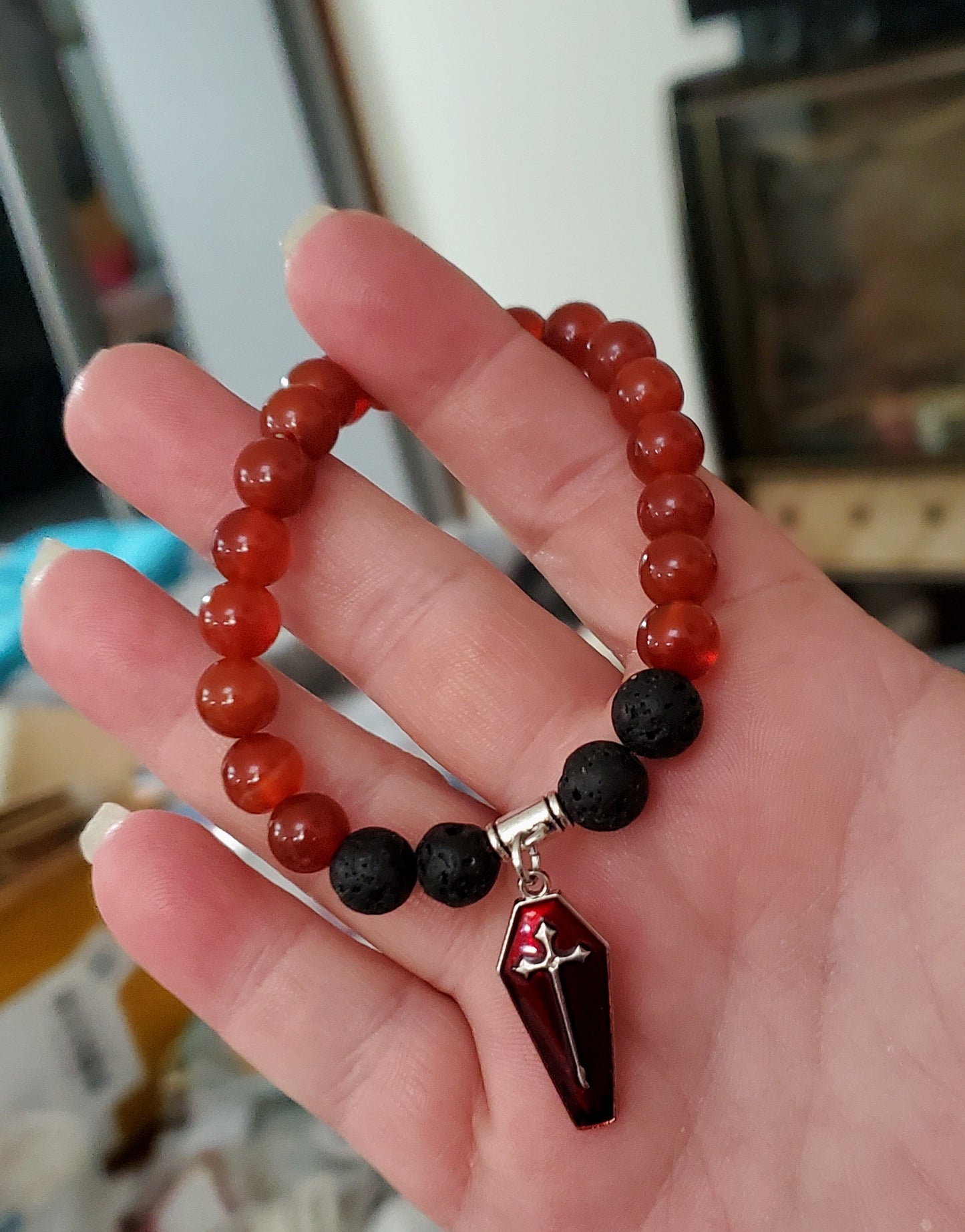 Black Lava and Red Ruby colored Bead Bracelet