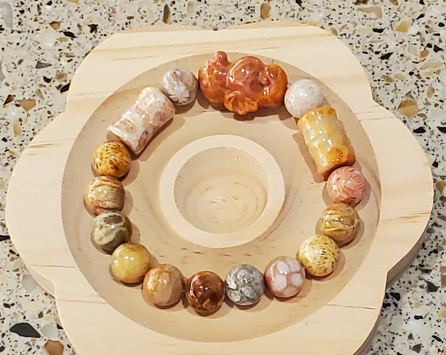 Coral Jasper Bracelet with Seahorse and Bamboo Shaped Spacers