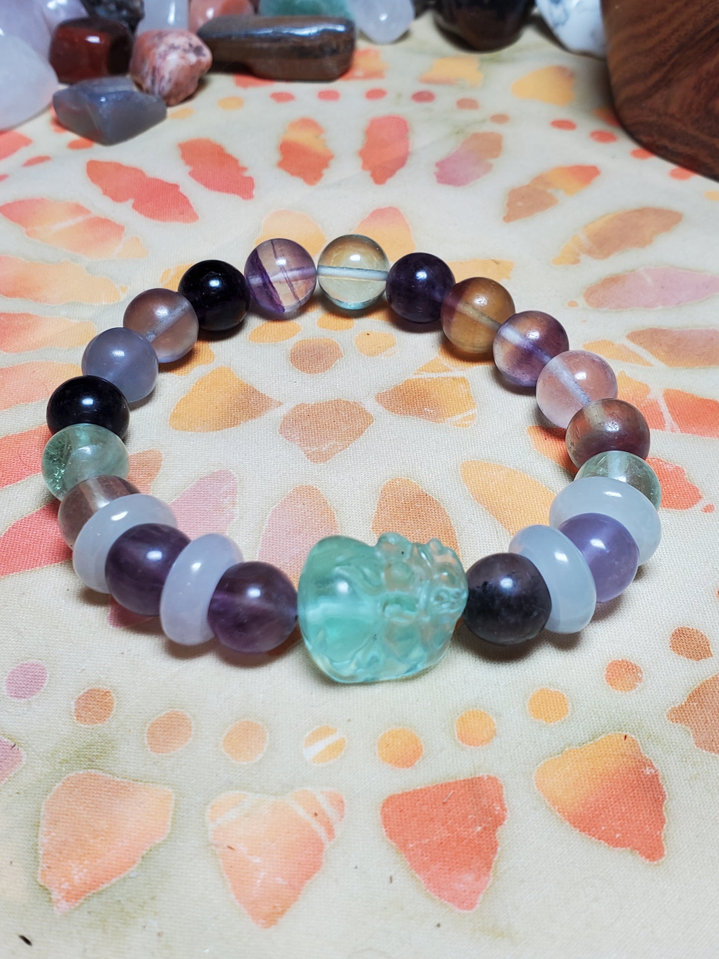 Fluorite Crystal Bracelet with Jade Ring Spacers and Pixiu