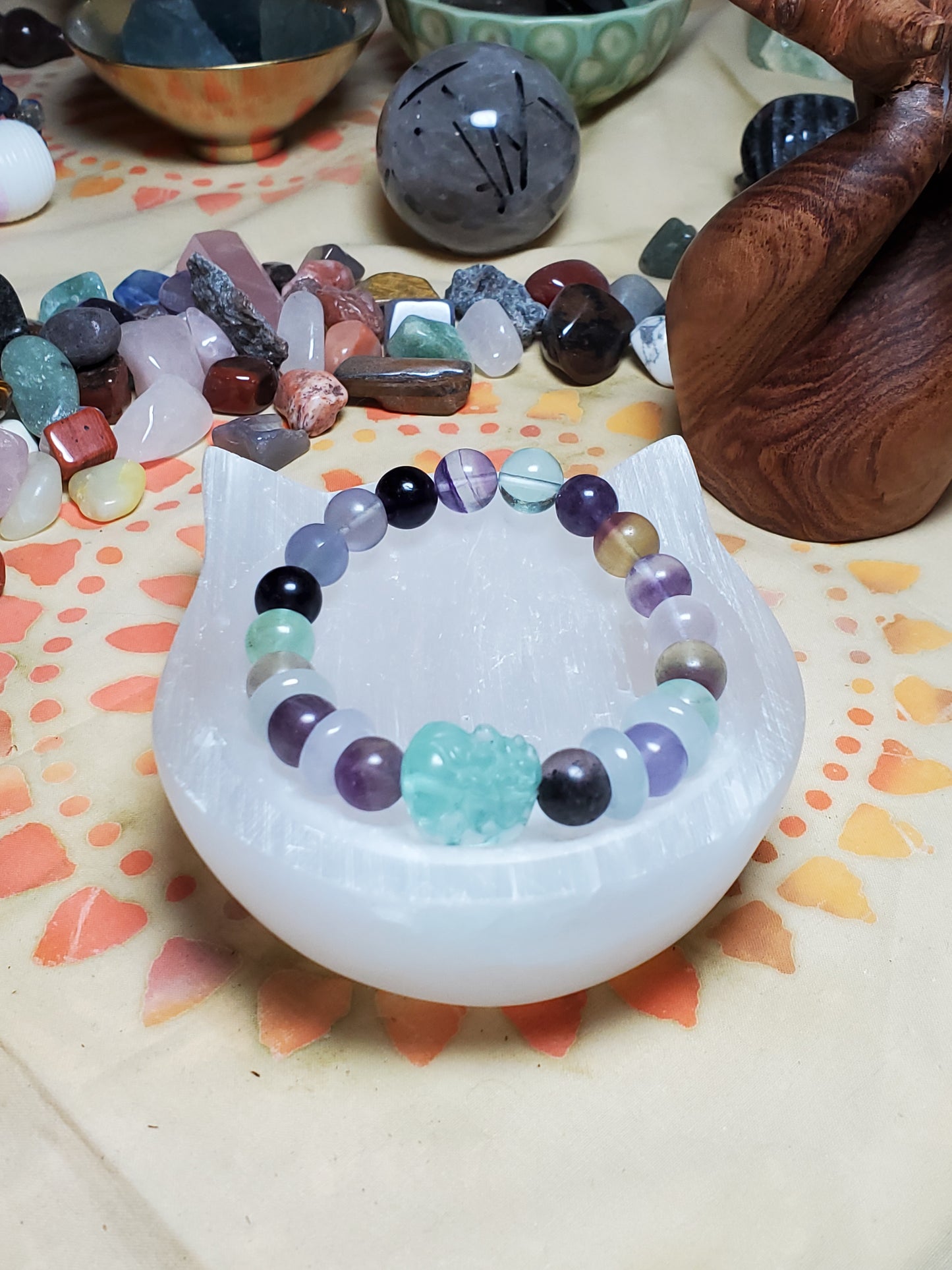 Fluorite Crystal Bracelet with Jade Ring Spacers and Pixiu