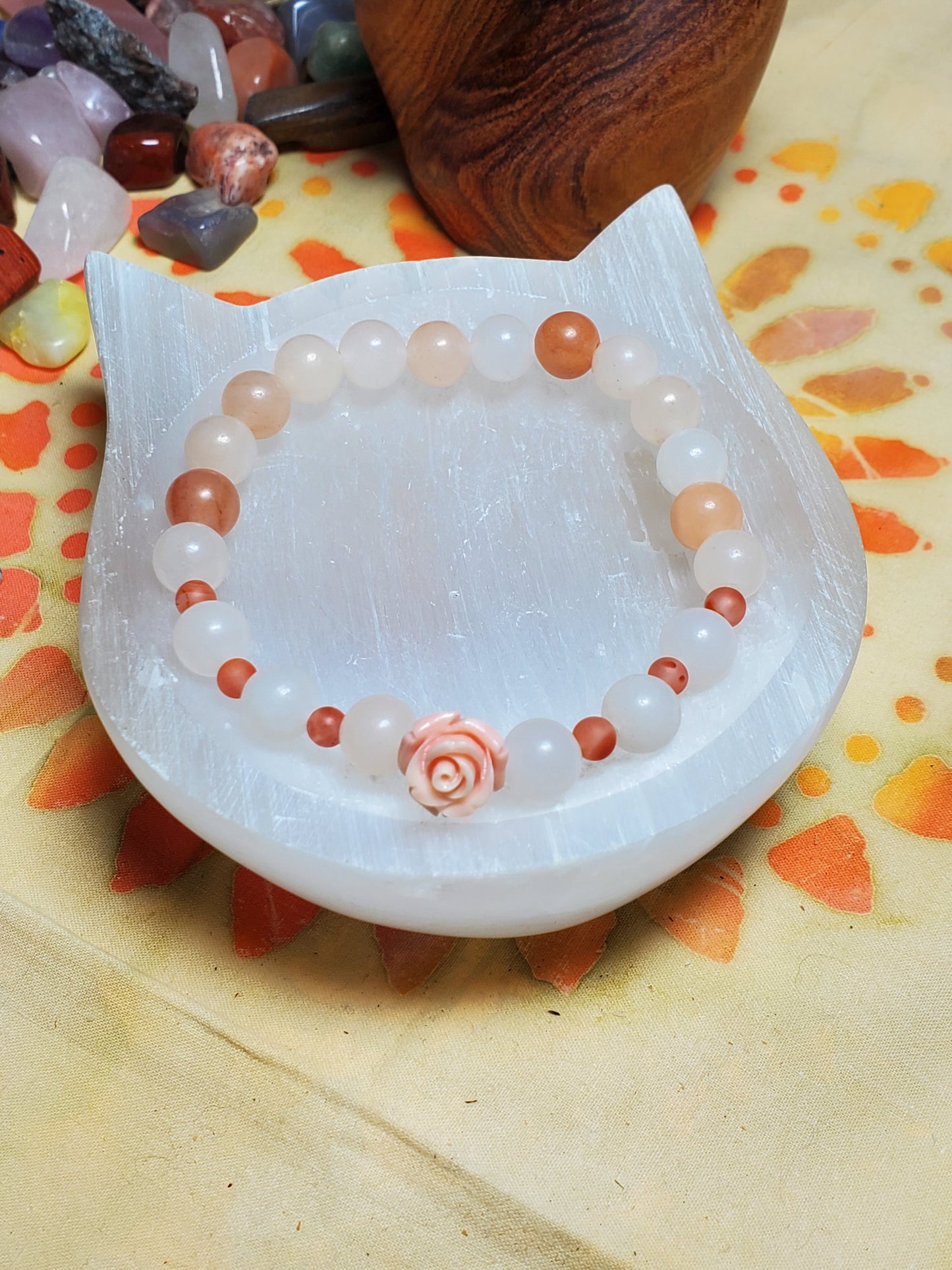 Orange Aventurine with Southern Red spacer beads and Shell Rose