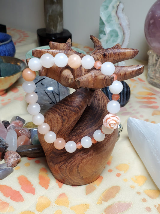 Orange Aventurine with Southern Red spacer beads and Shell Rose