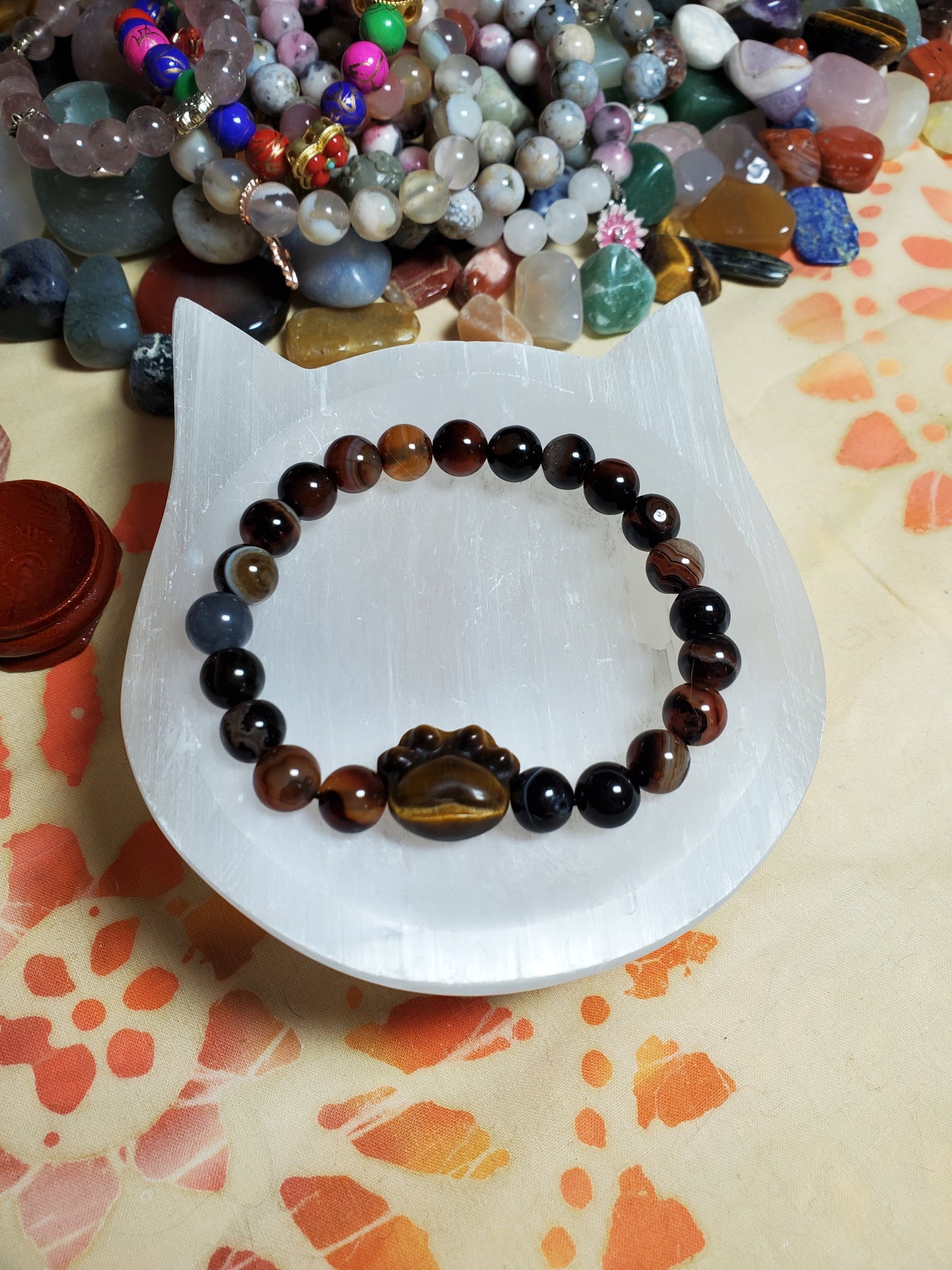 Coffee Agate Bracelet with Tiger Eye Paw Spacer