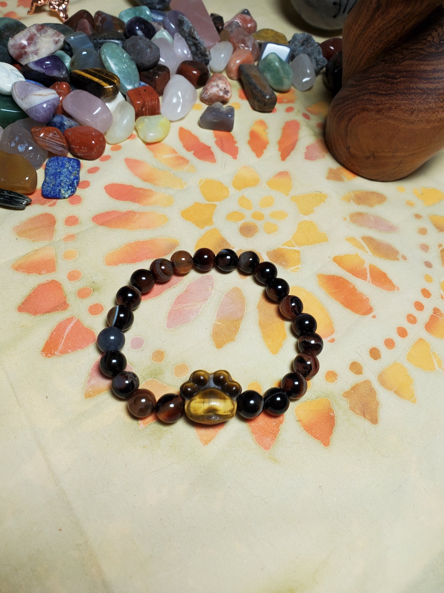 Coffee Agate Bracelet with Tiger Eye Paw Spacer