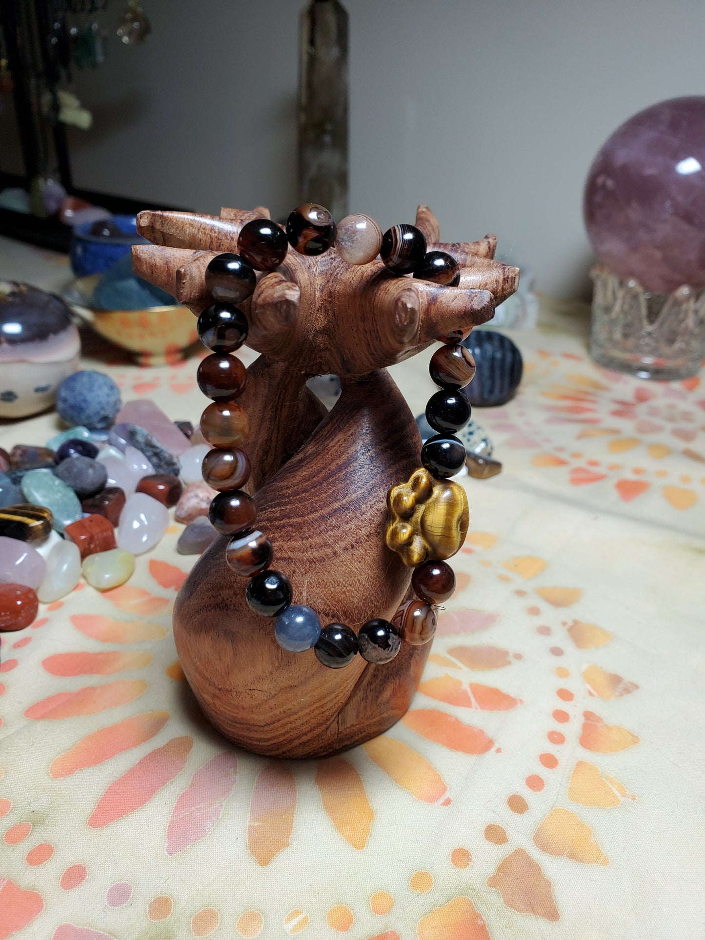 Coffee Agate Bracelet with Tiger Eye Paw Spacer